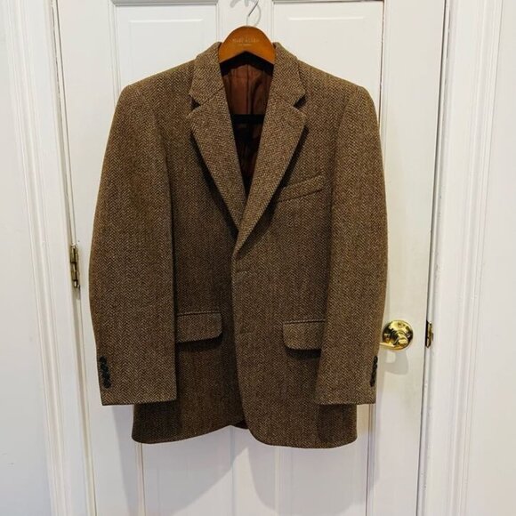 Vintage Lands End Harris Tweed Blazer Jacket Mens 38 R Brown Speckled Scottish - Picture 1 of 16